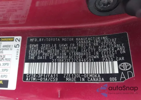 2007 Toyota Corolla Ce from USA, damaged, VIN 2T1BR32E27C846591
